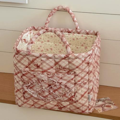 Storage Basket Boho Fabric Large Collapsible Floral Laundry Nursery Hamper Portable Folding Storage for Clothes Toys (Red Bow) - color: Red Bow