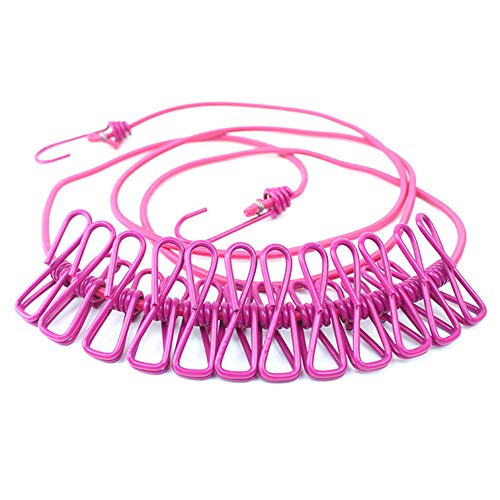 AKOAK 1 Pack Multi-Function Outdoor Home Clothesline Travel Portable Windproof Non-Slip Drying Rope 12 Clip (Rose red) - color: Rose Red