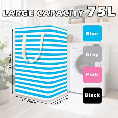 3 Pack Large Laundry Basket ，75L Waterproof,Collapsible Laundry Hamper with Extended Handles for Clothes in the Family Dorm (Blue，Grey，Pink)