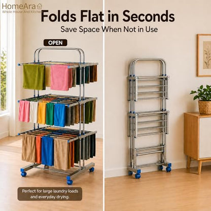 Heavy Duty Foldable Cloth Drying Stand, 3 Tier Mirror Finish Laundry Racks Clothes Stand Cloth Drying Rack Foldable and Movable Large Stainless Steel