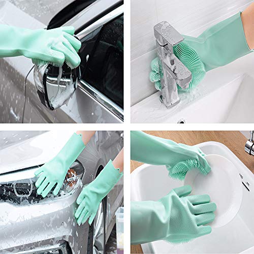 Silicone Dishwashing Gloves, Pet Grooming Rubber Scrubbing for Dishes, Sponge Wash Cleaning with Scrubbers (13.6" L) - color: Green