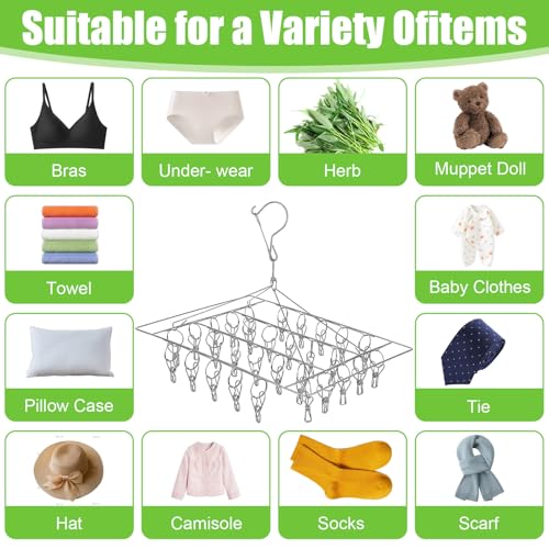 6 Pcs Stainless Steel Clothing Drying Rack, Hanging Drying Rack with Clips, Foldable Swivel Dryer Windproof Hook for Plants Flowers Towel Lingerie Sock Laundry
