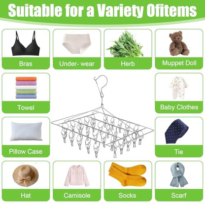6 Pcs Stainless Steel Clothing Drying Rack, Hanging Drying Rack with Clips, Foldable Swivel Dryer Windproof Hook for Plants Flowers Towel Lingerie Sock Laundry