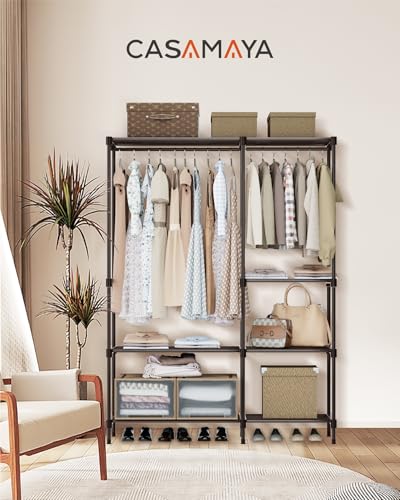 CASAMAYA Clothes Rack, Portable Closet, 44.9 Inch Large Capacity Wardrobe Closet, Clothes Storage Organizer with Shelves and 2 Hanging Rods, Easy to Assembly, Black PCT021B01 - size: 44.9"L x 16.9"W x 77.6"H