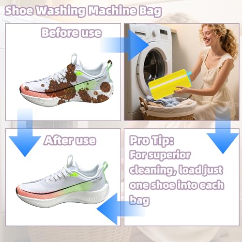 Shoe Washing Machine Bag Shoe Laundry Bags for Sneakers Reusable 2pc Shoes Cleaning Bags 360° Deep Clean for All Shoes Types With Invisible Zipper - color: Light Yellow 2pcs