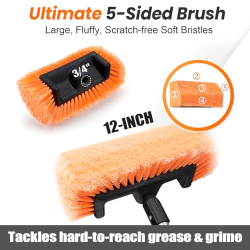ARTIPOLY 65" Five-Sided Car Wash Brush with Extension Pole, Car Wash 12" Dip Soft Five-Sided Brush, No Scratch Car Cleaning Brush Supplies for RV Boat Truck SUV, House Siding, Snow - size: 12" brush 65" pole