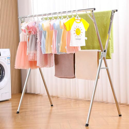 funest Drying Rack Clothing, 79 Inches Adjustble & Foldable Laundry Drying Rack, Heavy Duty Stainless Steel Clothes Drying Rack with 20 Hooks, 12 Clips, Suitable for Indoor, Outdoor and Balcony