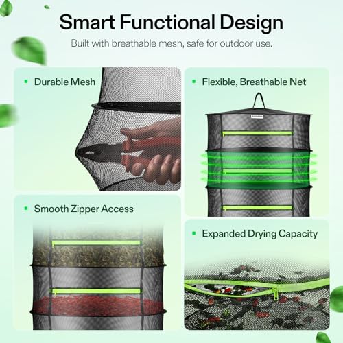 VIVOSUN 6-Layer Mesh Drying Rack Hanging Design with Green Zippers for Dehydrating, Indoor and Outdoor Pruning Shears Included - size: 6 Layer, style: 1 Pack