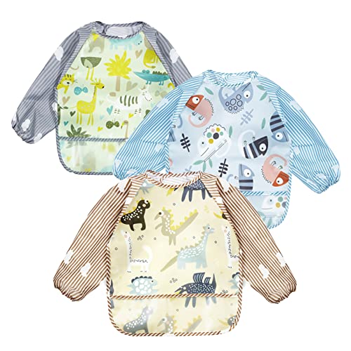 PandaEar (3 Pack Long Sleeve Bibs| Waterproof Full Sleeve Bib for Baby Infant Toddler 6-36 Months - style: Lizard