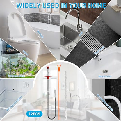 Drain Snake 12 Set: 25inch Snake Drain Hair Removal Tool(1PCS), 59inch Cleaning Brush(2PCs), 25inch Drain Clog Remover(6PCS), 18inch Sink Drain Brush(3PCS) For Bath Tub, Toilet, Kitchen Sink, Sewer