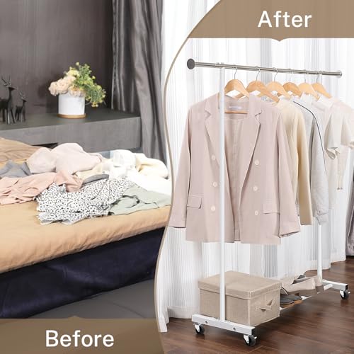 VICERII Clothes Rack, 130LB Capacity Heavy Duty Clothing Rack with Wheels and Bottom Shelf, 52.17 Inch Rolling Racks for Hanging Clothes, Coats, Shirts, Sweaters, Skirts, Dress, White - color: Matte White, size: Single