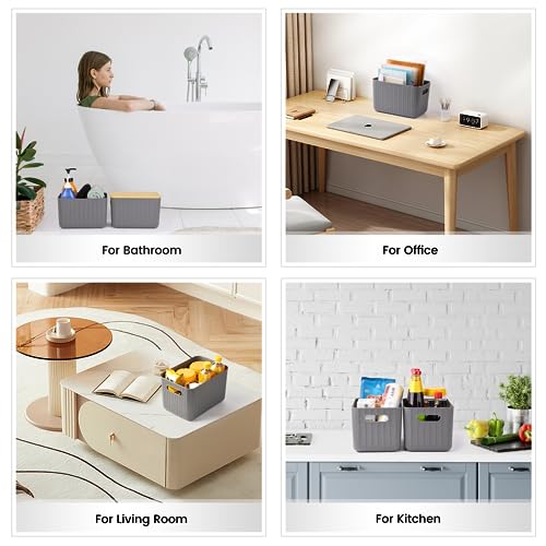 Ohmlove 4 Pack Storage Bins with Bamboo Lids,Stackable Box for Organization - color: Gray