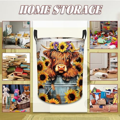 Highland Cow Laundry Basket-13.8x17.7in Sunflower Oxford Laundry Hamper - color: Sunflower Highland Cattle