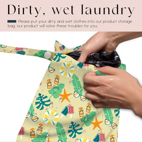 Wet Bag, Wet Dry Bag, Waterproof Swim Bags, Machine Washable Reusable Bags for Beach, Pool, Diapers, and Dirty Yoga Gym Clothes(Palm Leaf, Starfish & Beach Vacation Pattern - color: Butter Yellow Summer Tropical