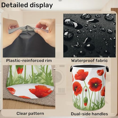 Red Flower Laundry Basket - Heavy Duty 60L Dirty Clothes Organizer, Water Resistant Foldable Hamper for Men Women - color: Red Flower
