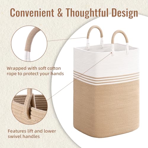Laundry Basket Hamper,Blanket Storage,Dirty Clothes Hamper with Swivel Handles,Woven Cotton Rope Toy Baskets,Blanket Basket Living Room,Decorative Hampers for Nursery,Bedroom,White & Brown,60L - color: White & Brown, size: 60L