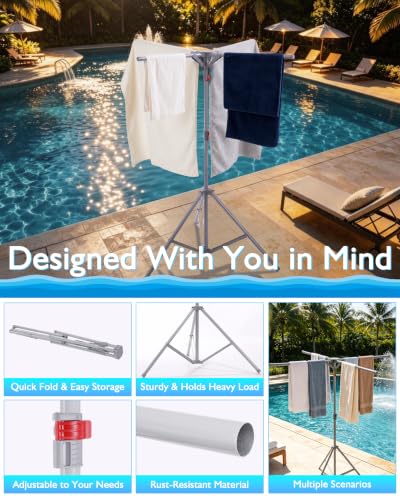 Pool Towel Rack Outdoor, 4 Arms Adjustable 51-71 Inch Freestanding Foldable Drying Rack for Pool, Camping, Backyard, Rust-Resistant Steel, Holds Towels & Swim Gear Gray - color: Gray
