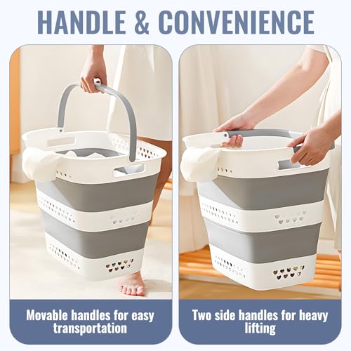 2 Pcs Collapsible Laundry Baskets, 43L Plastic Laundry Hamper for Dirty Clothes Dorm Bedroom, Space Saving Pop-Up Laundry Hamper Container, Foldable Durable Laundry Basket with Handle