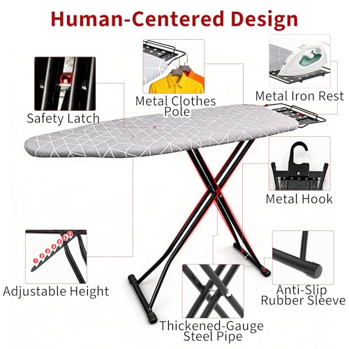 Ironing Board, 43"×13" with Iron Rest, 4 Layer & 7 Adjustable Height Sturdy - color: Geometric Gray, size: 43"L x 13"W