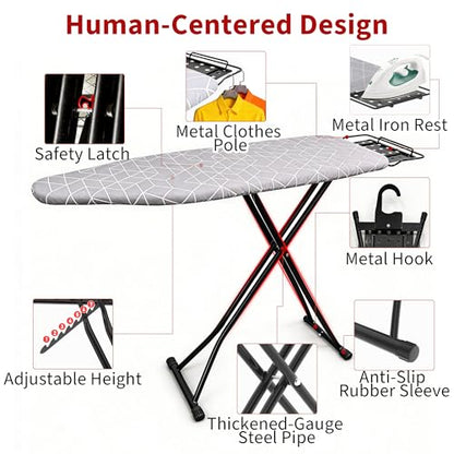 Ironing Board, 43"×13" with Iron Rest, 4 Layer & 7 Adjustable Height Sturdy - color: Geometric Gray, size: 43"L x 13"W