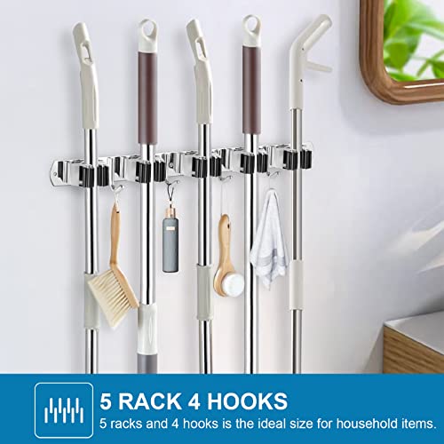 IMILLET 2 Pack Broom Holder Wall Mount Stainless Steel Mop Organizer - color: Stainless Steel - 5 Racks with 4 Hooks, size: 2 Pack