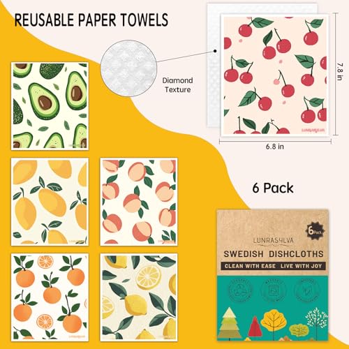 Swedish Dishcloths for Kitchen 6 Pack, Reusable Paper Towels Super Absorbent, Biodegradable Quick Drying Washable Dish Cloths Dishwasher Safe, Perfect as Hostess or Housewarming Gifts (Fruit) - color: Fruit Theme