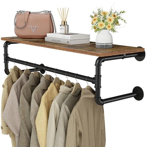Clothes Rack Wall Mounted, 43.3in Shelf with Hanging Rod, Industrial Pipe Clothing Rack for Hanging Clothes, Space-Saving Garment Rack Wall Mount, Multi-Purpose Hanging Rod for Bedroom, Closet - size: 43.3in/110cm