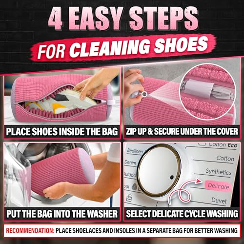 2 Pcs Reusable Shoe Washing Machine Bag, XXL with Zipper, Pink - color: Pink