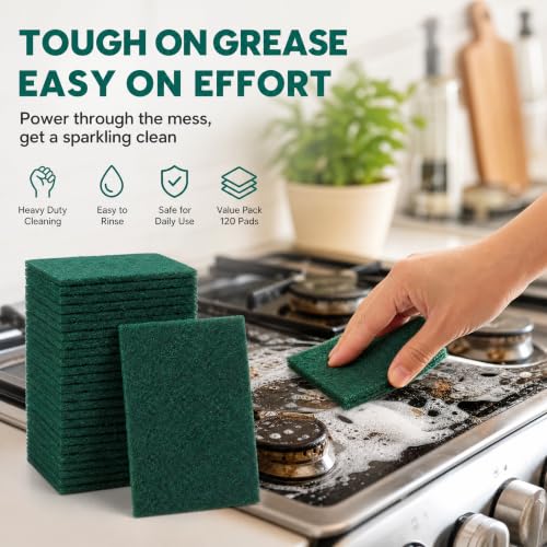 Jucoan 120 Pack Heavy Duty Scouring Pads, 4 x 6 Inch Non-Scratch Scrub Pads, Green Reusable Multipurpose Scrubbing Pads for Kitchen Dish, Metal Grills, Household Bathroom Sink Bathtub