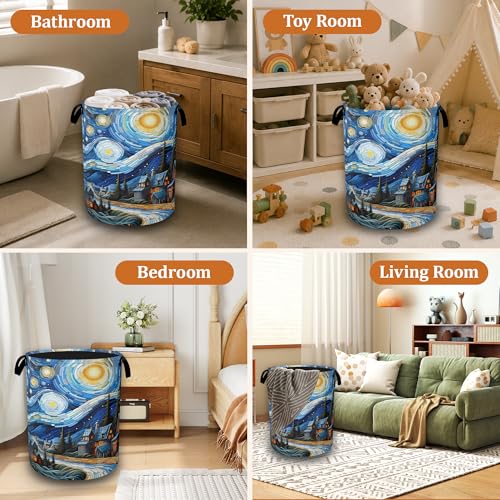 Starry Sky Oil Painting Waterproof Laundry Basket with Handles, Foldable Clothes Hamper, Large Capacity Laundry Organizer Bin for Bedroom Bathroom Dorm Room - color: Starry Village