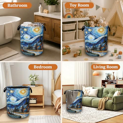 Starry Sky Oil Painting Waterproof Laundry Basket with Handles, Foldable Clothes Hamper, Large Capacity Laundry Organizer Bin for Bedroom Bathroom Dorm Room - color: Starry Village