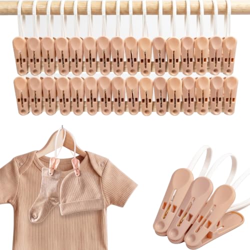 MtBoi Windproof Clothes Pins with Hanging Ropes, Heavy Duty Plastic Laundry Clips for Clothesline Drying, Multi-Purpose Closet Organizer for Baby Socks, Boots, Crafts (30, Brown) - color: Brown