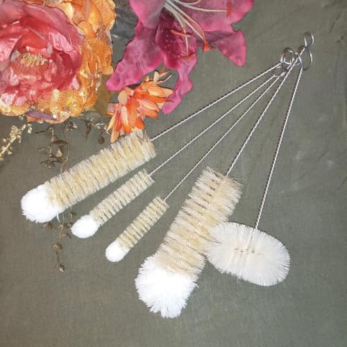 NewFerU Bottle Brushes Thin Long Handle X 5, Natural Boar Bristle Set