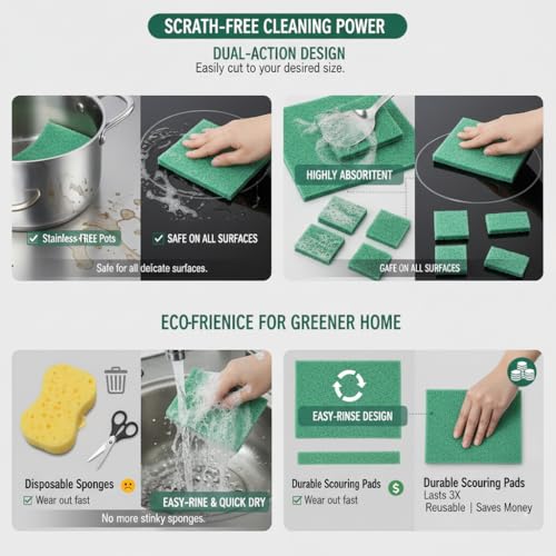 Bulk Heavy Duty Scouring Pads with Emery, 6" x 4" Large Green Scrub Pads for Kitchen Cleaning, Durable Polyester Abrasive Dish Scrubber for Pot, Pan, Grill and Stove,(80Count)