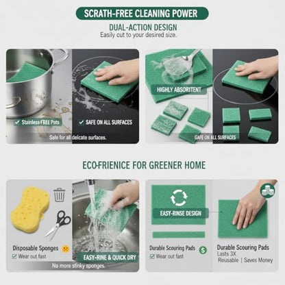 Bulk Heavy Duty Scouring Pads with Emery, 6" x 4" Large Green Scrub Pads for Kitchen Cleaning, Durable Polyester Abrasive Dish Scrubber for Pot, Pan, Grill and Stove,(80Count)