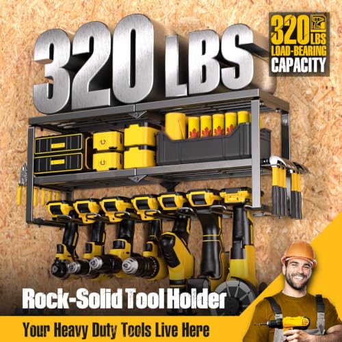 Spampur Power Tool Organizer for Tool Storage, Drill Holder Wall Mount with Screwdriver Organizer, Tool Holder for Garage Wall Organization, Heavy Duty Metal Tool Shelf with Battery Holder - size: 3 shelves 7 slots