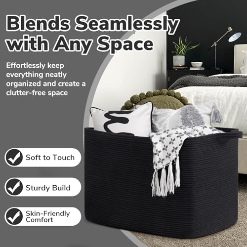 Goodpick 105L Extra Large Woven Rope Blanket Basket, Rectangle, Black - color: Black, size: XX-Large(25"L x 16"W x 16"H)