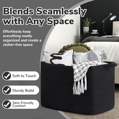 Goodpick 105L Extra Large Woven Rope Blanket Basket, Rectangle, Black - color: Black, size: XX-Large(25"L x 16"W x 16"H)