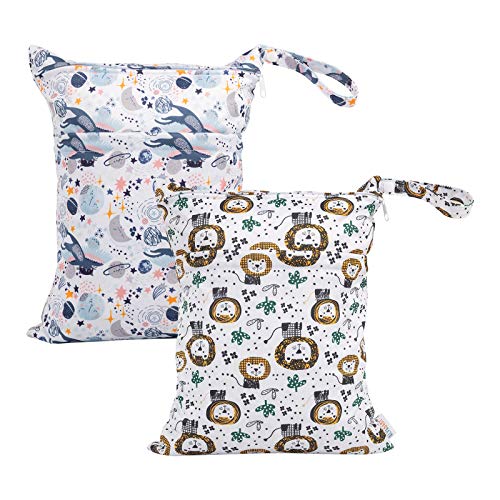ALVA 2pcs Cloth Diaper Wet Dry Bags Waterproof Reusable with Two Zippered Pockets Travel Beach Pool Daycare Soiled Baby Items Yoga Gym Bag for Swimsuits or Wet Clothes - color: Cartoon tiger and flying cat