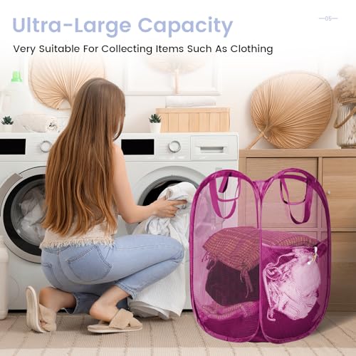 HOUSE AGAIN 2 Pcs Pop Up Laundry Hamper, Strong Mesh Laundry Baskets Collapsible, Hamper with Handles and Side Pocket, Portable Foldable Dirty Clothes for Dorm, Laundry room and Travel Storage, Pink - color: Rose Red, size: 2-Pack