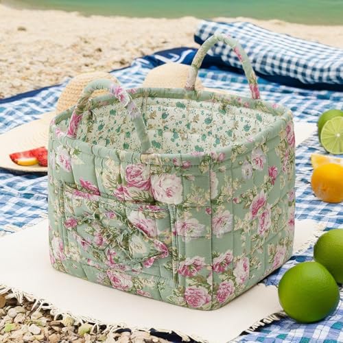 Boho Fabric Storage Basket, Large Capacity Laundry Basket, 12.2'' x 10.23'' x 10.23'' Collapsible Laundry Hamper with Easy Carry Handles (Army Green, L) - color: Army Green