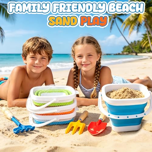 Umnodobn Collapsible Beach Bucket with Metal Shovels Set, Beach Toys Gifts for Adults, ABS Foldable Pails for Pool, Camping, Easter Party, Fishing, Summer Winter Activities 6PCS