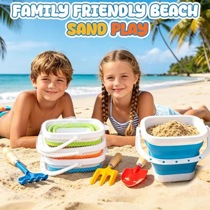 Umnodobn Collapsible Beach Bucket with Metal Shovels Set, Beach Toys Gifts for Adults, ABS Foldable Pails for Pool, Camping, Easter Party, Fishing, Summer Winter Activities 6PCS