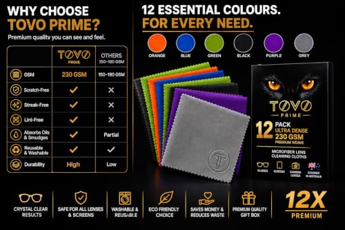 Microfiber Cleaning Cloth for Glasses & Camera –12 Pack + Velvet Pouch, 230 GSM Ultra Soft Lens Cloth for Screens, Laptop & Tablet, Streak-Free, Lint-Free, Scratch-Safe, 6"x7" - color: Multi Colours, size: 15x18 cm (6x7 Inch)
