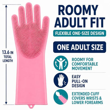 Silicone Dishwashing Gloves with Scrubber Bristles, Food-Grade Cleaning Mitts for Kitchen Dishes, Pet Grooming & Car Wash - color: Light Pink
