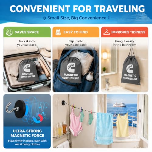 Magnetic Clothesline for Cruise Ship Cabin Approved, Strong Rubber Coated Non-Scratch Magnets, Travel Clothesline for Cruise Ship Essentials 2025