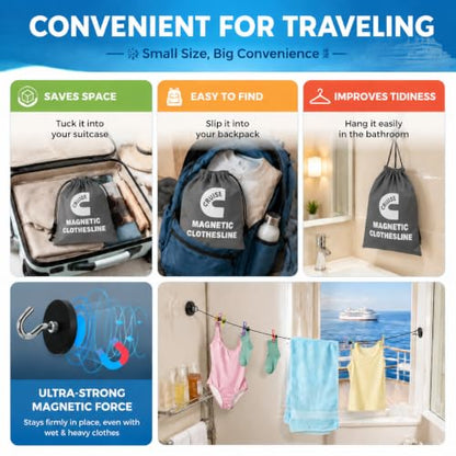 Magnetic Clothesline for Cruise Ship Cabin Approved, Strong Rubber Coated Non-Scratch Magnets, Travel Clothesline for Cruise Ship Essentials 2025