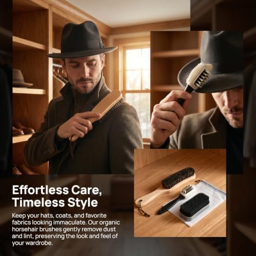 3Pcs Cowboy Hat Brush Set, Horse Hair Felt Hat Cleaning Brushes with Wood Handle, Lint Dust Brush for Cowboy Hats, Fedora Hats, Suede, Wool, Coats, Suits, Clothes, Shoes and Furniture, Black