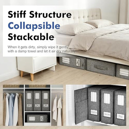 Furnhome Bed Sheet Organizers and Storage 4 Pack for Linen Closet, Foldable Sheet Set Holder with Window & Labels, Stackable Bedding Storage Boxes for Sheets, Duvet Covers, Blankets - size: 4 Pack