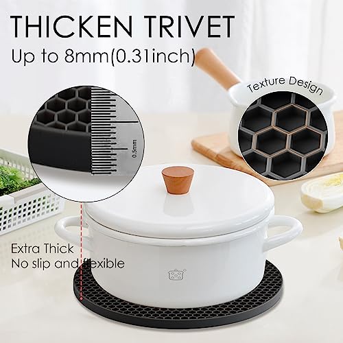 4 Pack Silicone Trivets for Hot Pots and Pans, Black Hot Pads Pot Holders, Non-Slip & Heat Resistant Silicone Mats for Kitchen Counter, Soft Durable Drying Mat, Jar Opener and Coasters, Black - color: 01 Black, size: 7x7in